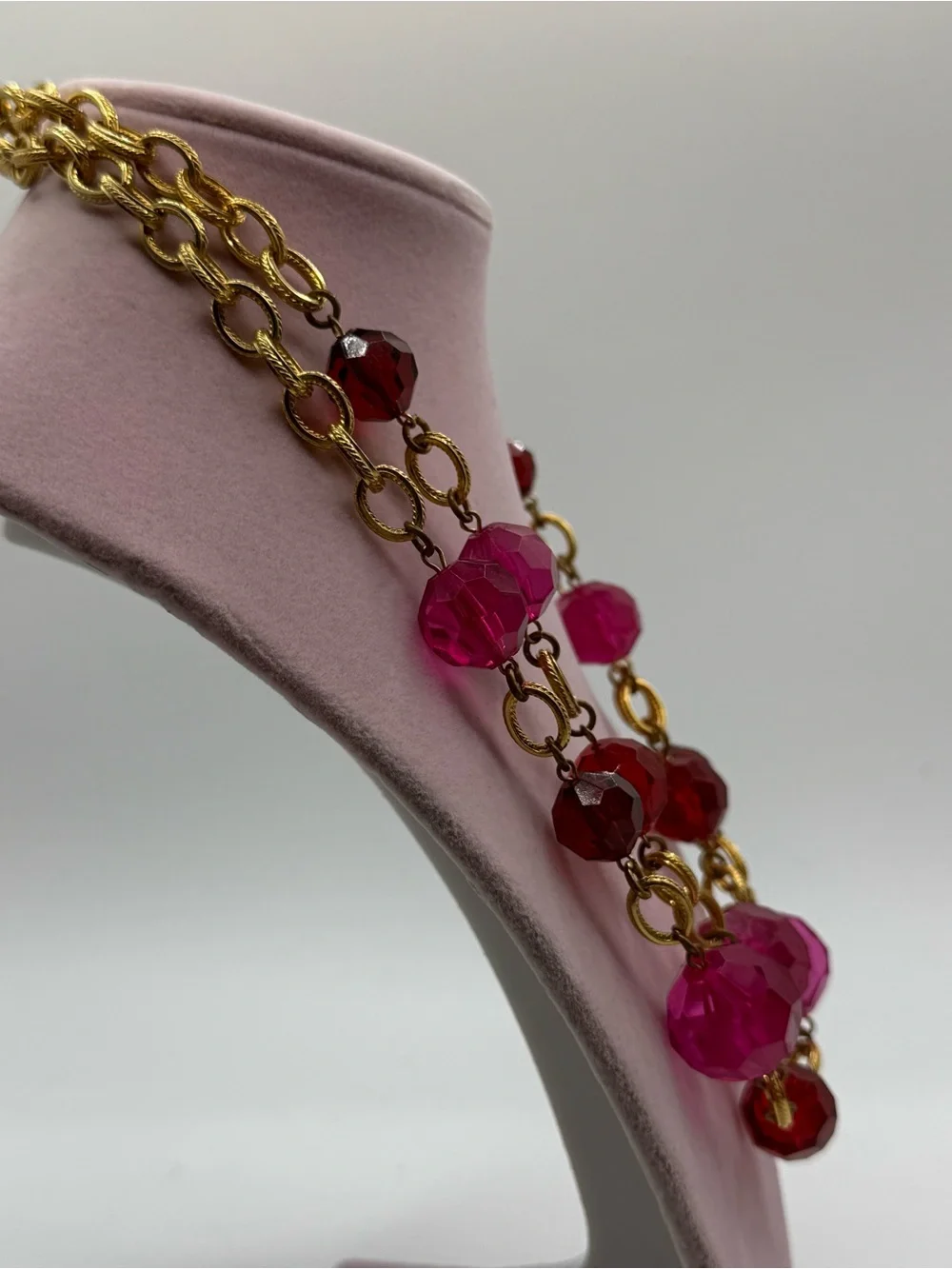 Double layered Gold Chain Necklace with Pink and Red Faceted Beads
